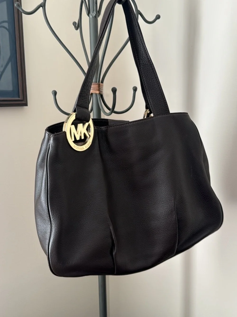 Michael Kors Dark Brown Pebbled Leather Tote with Gold MK Charm